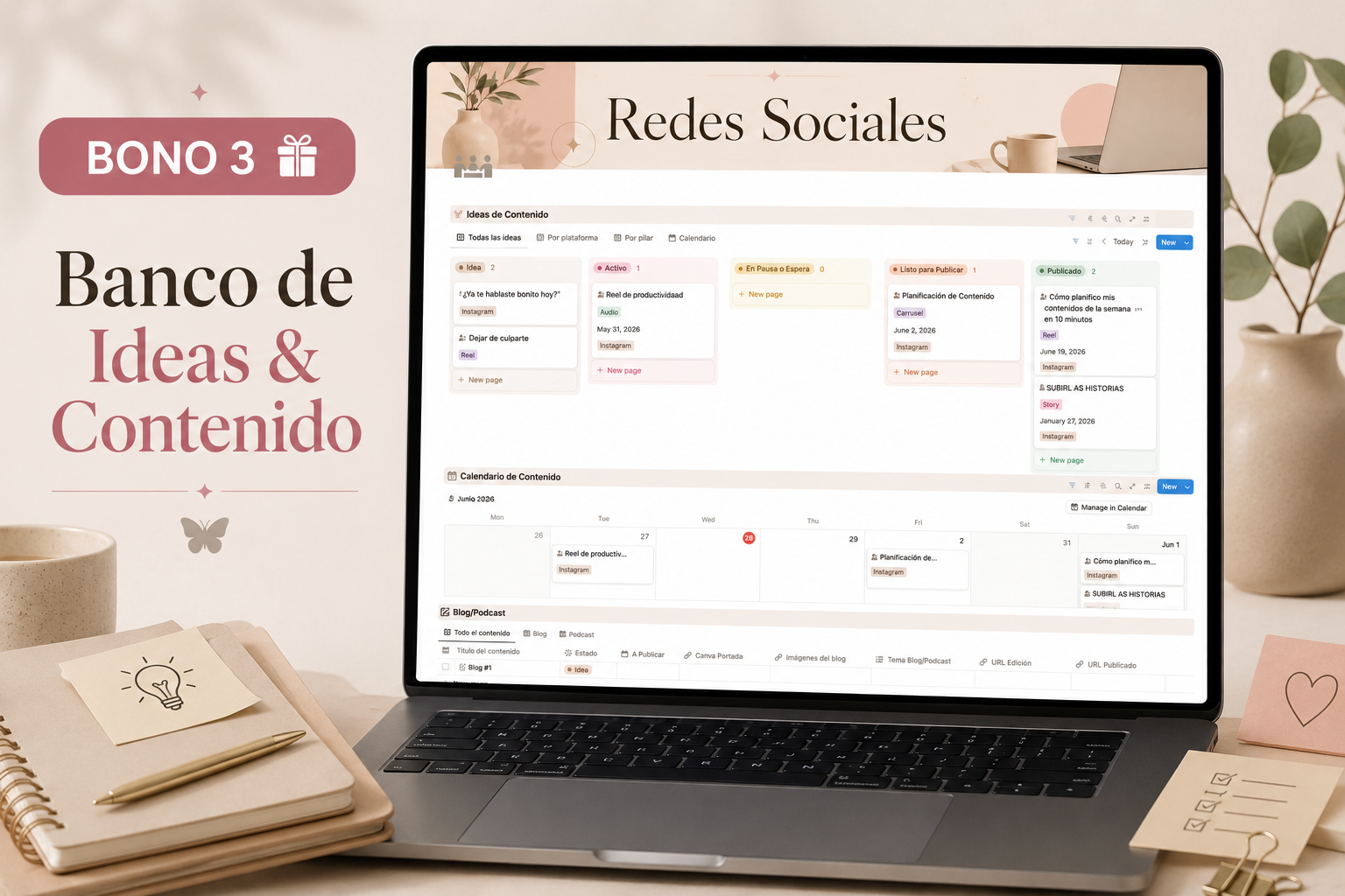 Plantilla Banco de Ideas & Contenido · Bono incluido en Ágora™