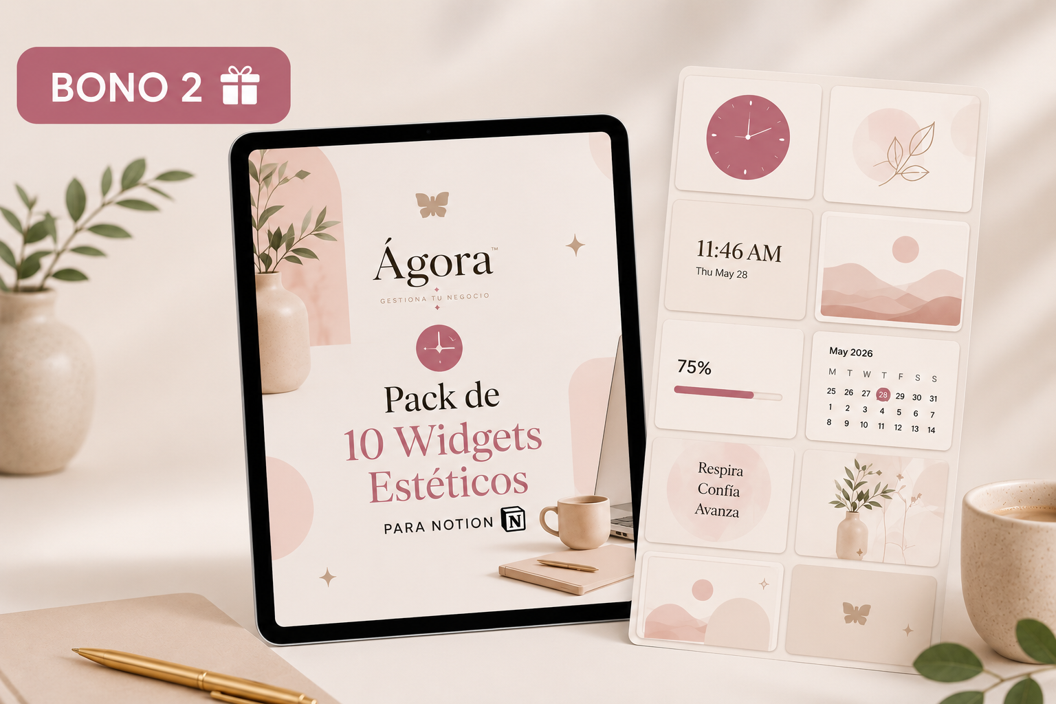 Pack de 10 Widgets Estéticos para Notion · Bono incluido en Ágora™